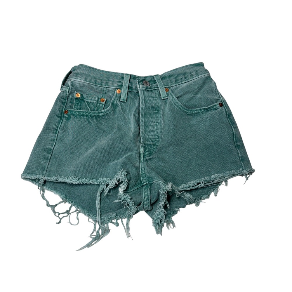 Levis Premium Big E 501 Original High Rise Cut Off Denim Shorts Teal Green W24X3